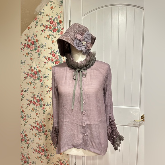 Pretty Angel Tops - Lilac purple sheer blouse with lace ruffle neckline & matching hat  BOTH NWT!!